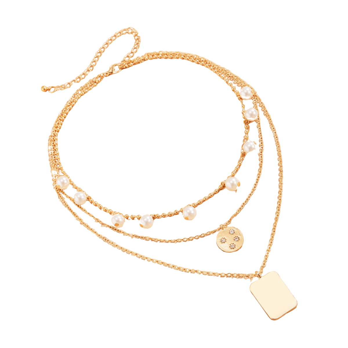 Goldtone Multi-Layer Disk Rectangle Necklace With Pearls Crystals