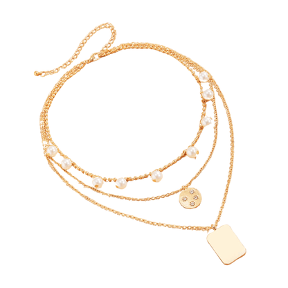 Goldtone Multi-Layer Disk Rectangle Necklace With Pearls Crystals