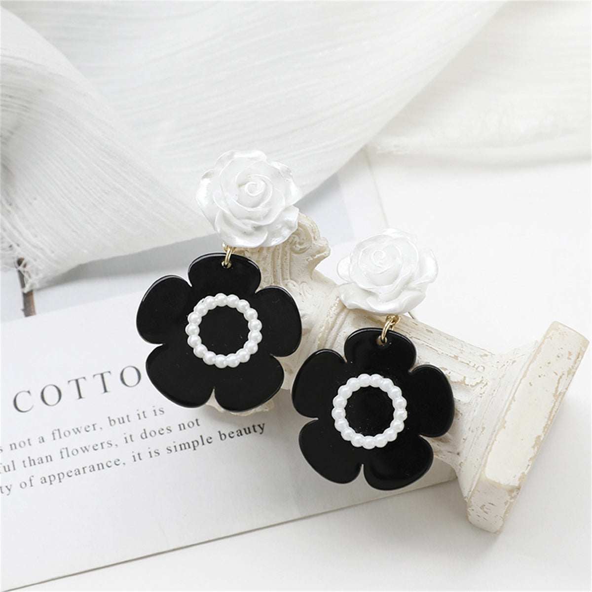 Black Acrylic & White Resin Pearl Silvertone Flower Drop Earrings