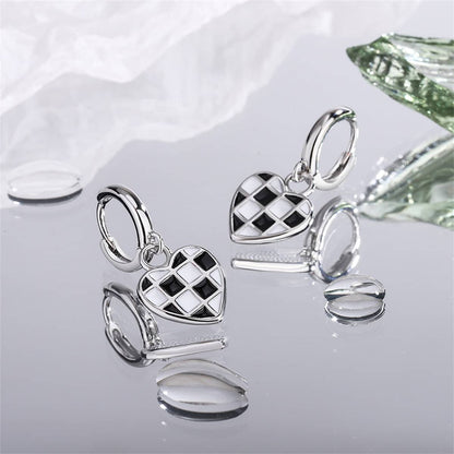 Black & White Checkerboard Heart Drop Earrings