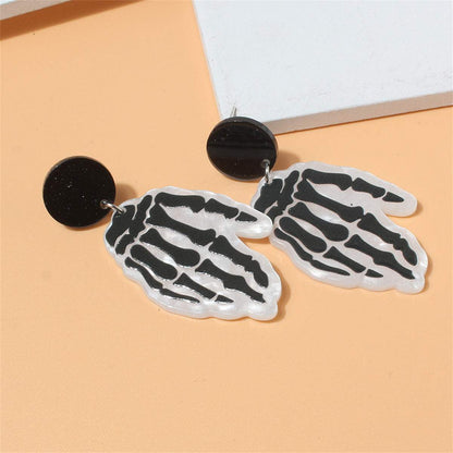 Black Acrylic & Silvertone Skeleton Hands Drop Earrings