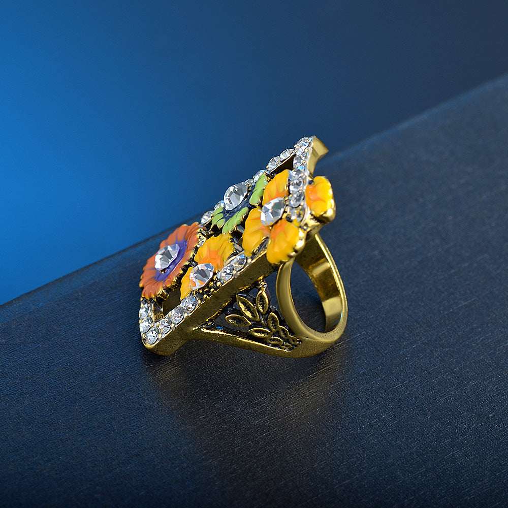 Cubic Zirconia & Enamel Goldtone Floral Rectangle Ring