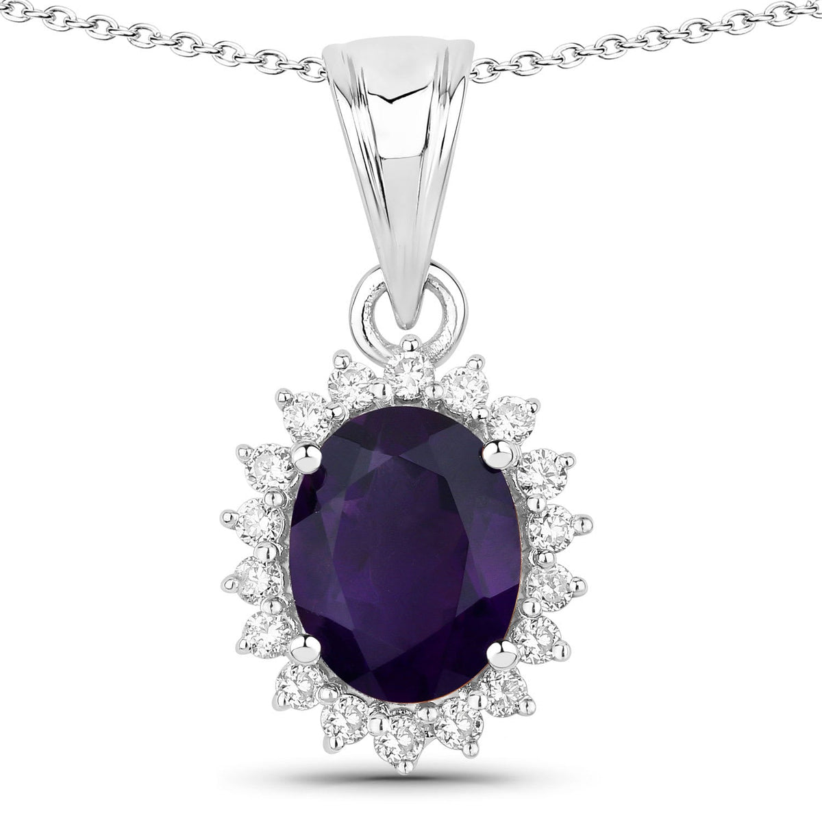Genuine Amethyst and Lab Grown Diamond Silver Halo Necklace