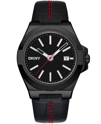 Dkny Men Watch, Black Color Case, Black Dial, Black Leather Strap, 3 Hands Date, 10 Atm