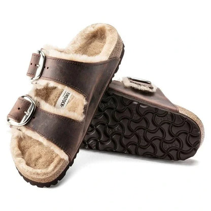 Birkenstock Arizona Big Buckle Shearling Oiled Leather Leather Brown Sandals