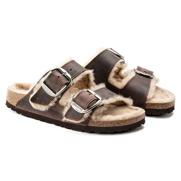 Birkenstock Arizona Big Buckle Shearling Oiled Leather Leather Brown Sandals
