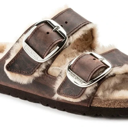 Birkenstock Arizona Big Buckle Shearling Oiled Leather Leather Brown Sandals