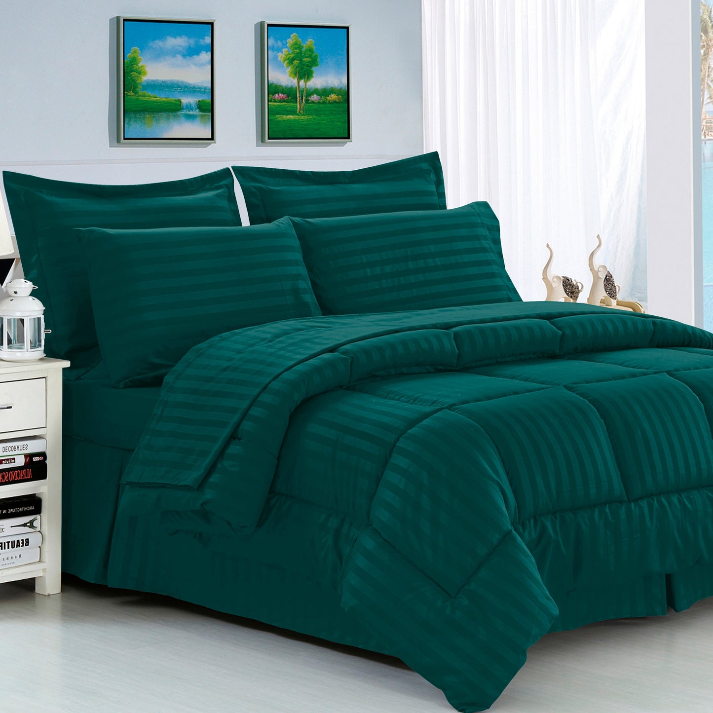 Elegant Comfort 8-Piece Dobby Stripe Comforter Set - Includes 4-Piece Sheet Set with Double Sided Storage Pockets