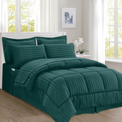 Elegant Comfort 8-Piece Dobby Stripe Comforter Set - Includes 4-Piece Sheet Set with Double Sided Storage Pockets
