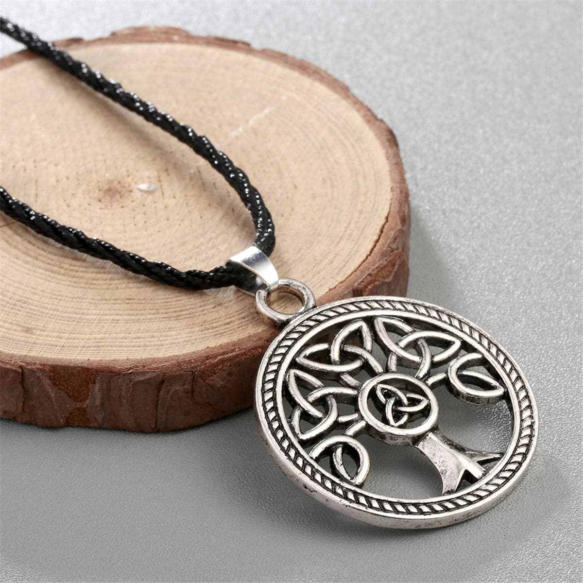 Black & Silvertone Openwork Round Tree of Life Pendant Necklace