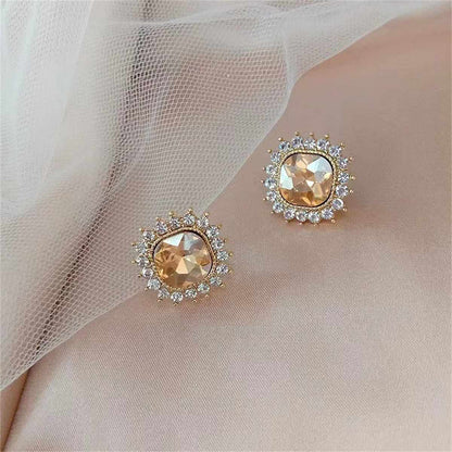 Champagne Crystal & Goldtone Square Halo Stud Earrings