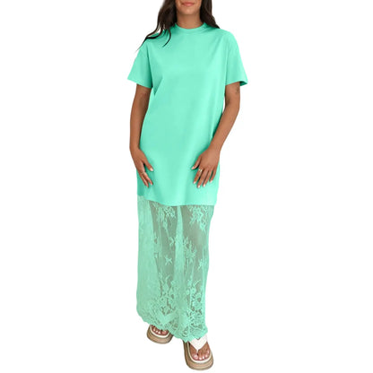 Women's Oversized T-Shirt Maxi Dress with Sheer Lace Hem Drop