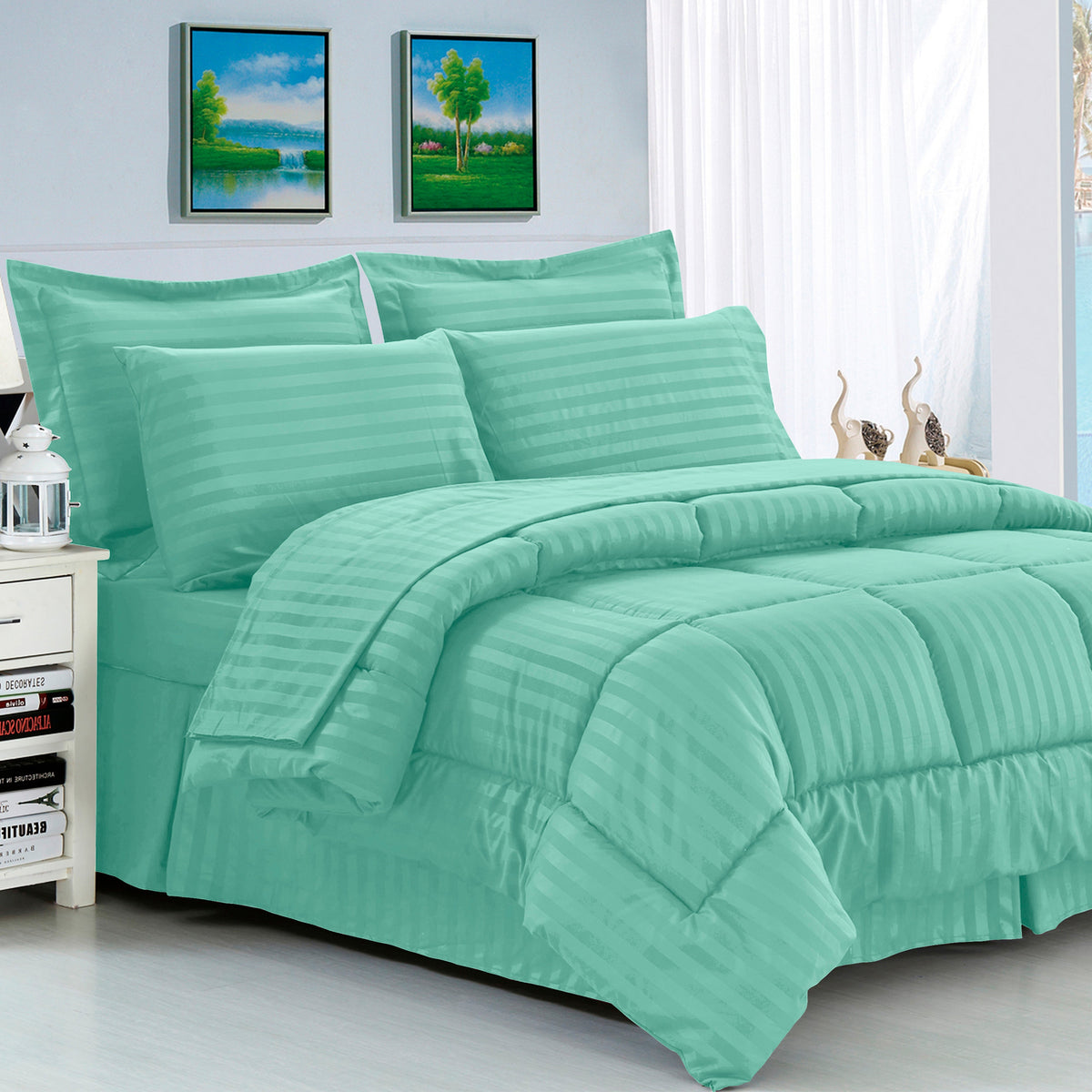 Elegant Comfort 8-Piece Dobby Stripe Comforter Set - Includes 4-Piece Sheet Set with Double Sided Storage Pockets
