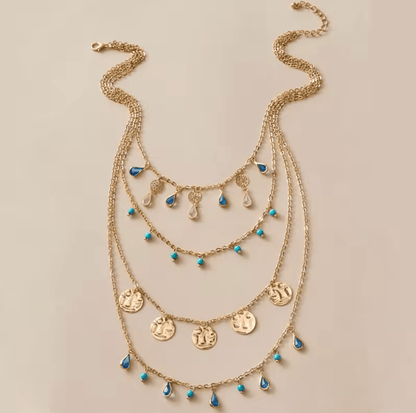 Goldtone Blue Teardrop Bead Layered Necklace