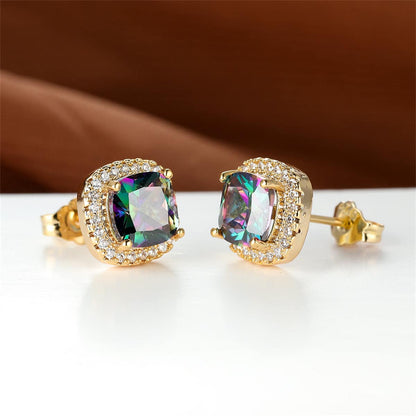 Colored Princess Crystal & Cubic Zirconia Goldtone Halo Stud Earrings