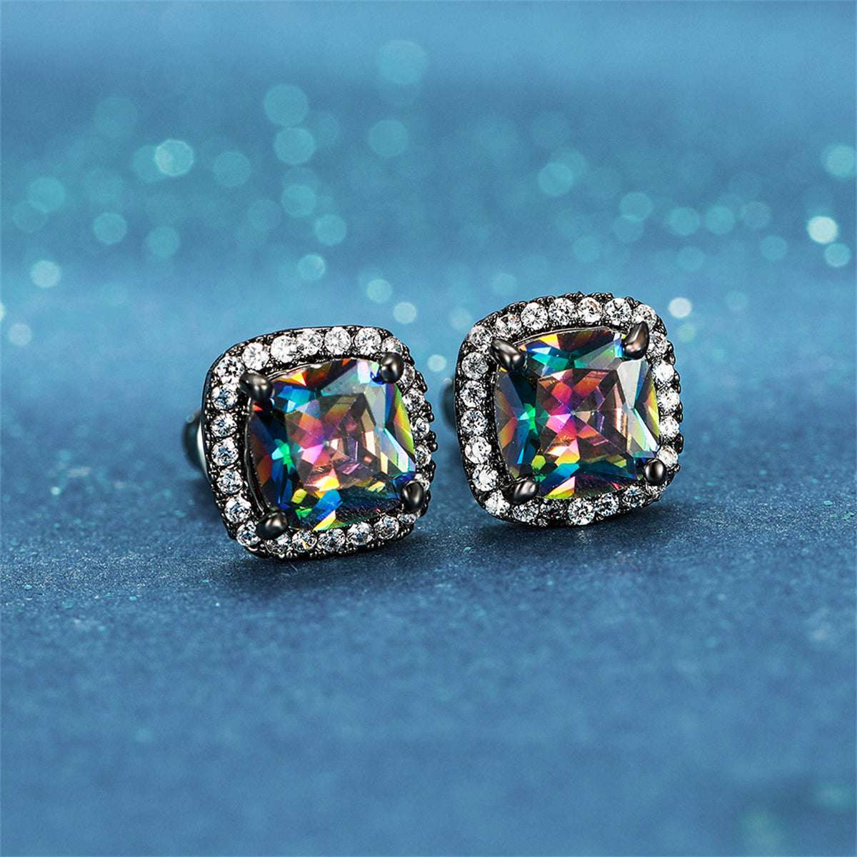 Colored Princess Crystal & Blacktone Halo Stud Earrings