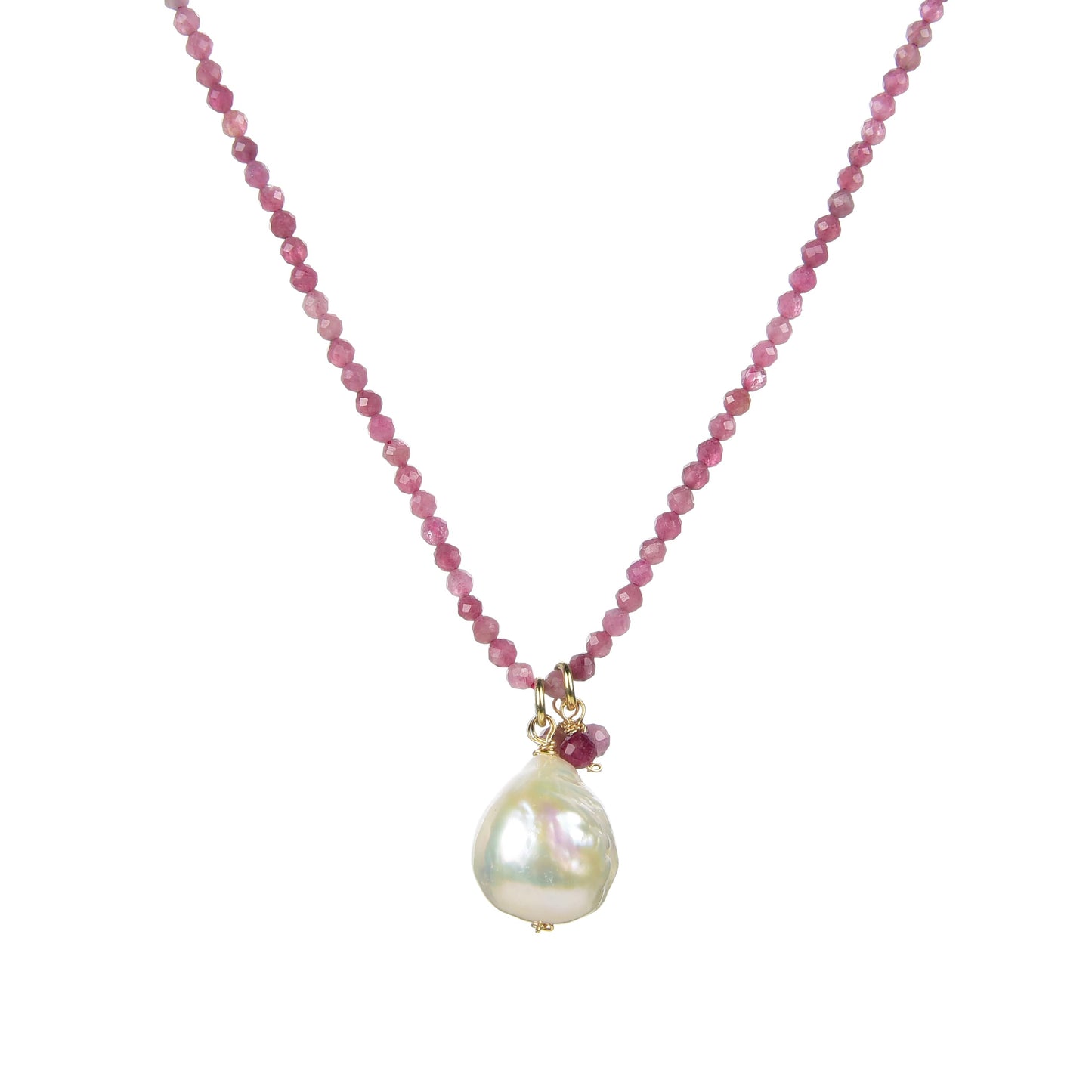 Beaded 18K Plated Sterling Silver Freshwater Pearl and Natural Pink Tourmaline Necklace