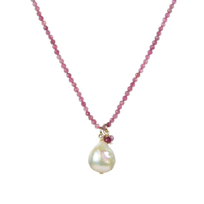 Beaded 18K Plated Sterling Silver Freshwater Pearl and Natural Pink Tourmaline Necklace