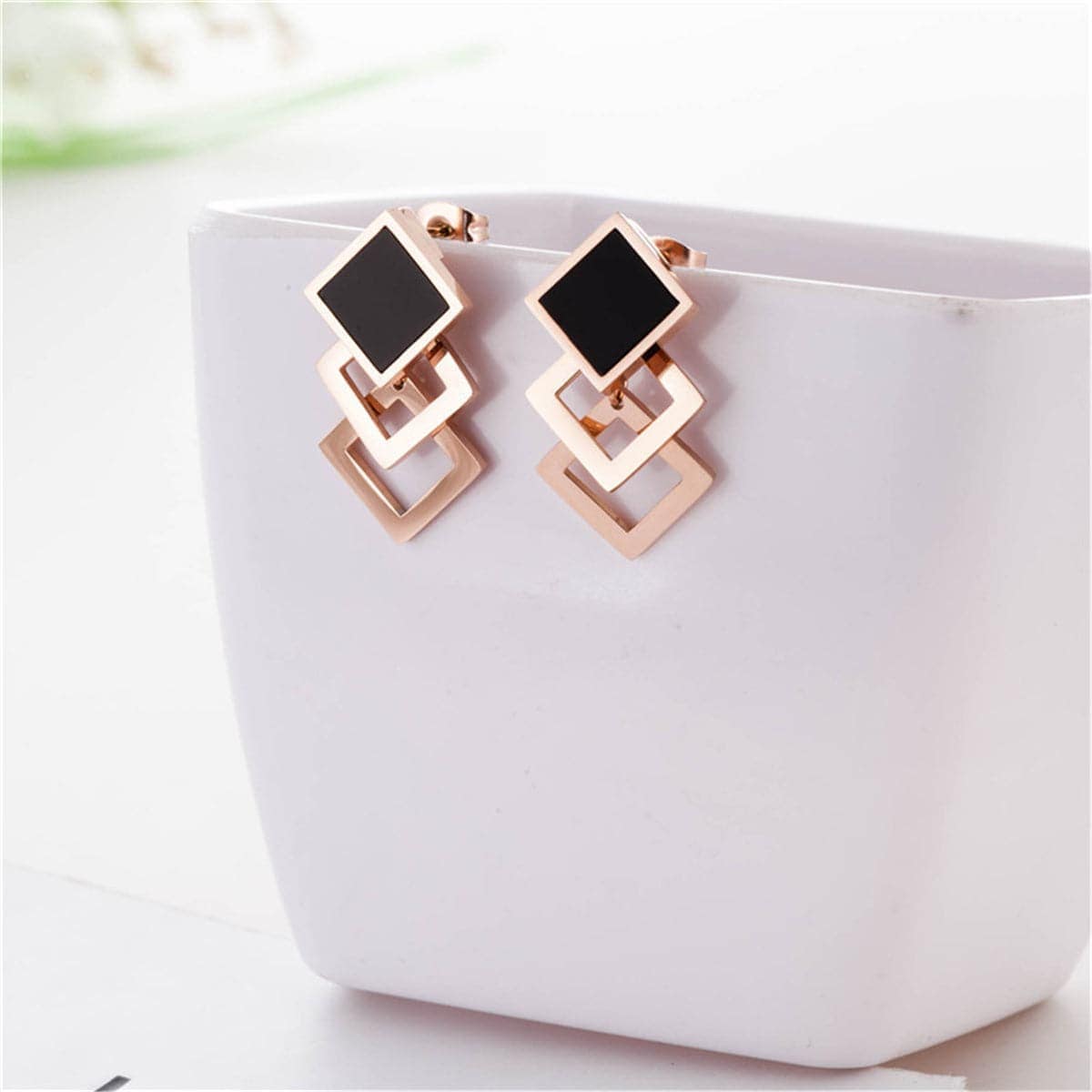 Black & Rose Goldtone Overlapping Rhombus Stud Earrings