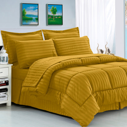 Elegant Comfort 8-Piece Dobby Stripe Comforter Set - Includes 4-Piece Sheet Set with Double Sided Storage Pockets