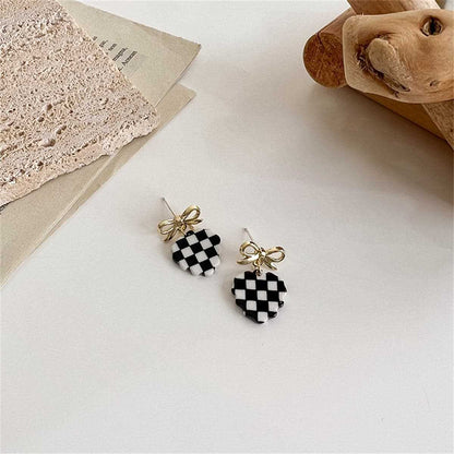 Black & White Acrylic Checkerboard Bow Heart Drop Earrings
