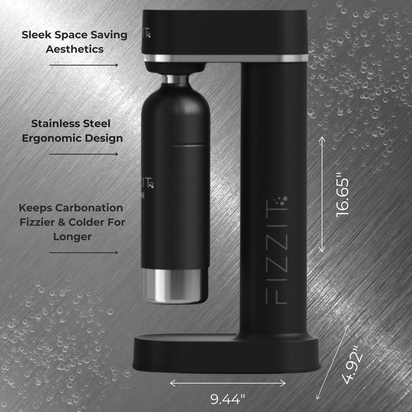 Black Fizzit Stainless Steel Sparkling Water Maker Bundle | Includes Soda Maker, CO2 Cylinder, & 12-Flavor Variety Pack | Customizable Carbonated Water Machine, Reusable Bottle & Eco-Friendly