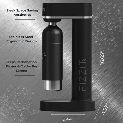 Black Fizzit Stainless Steel Sparkling Water Maker Bundle | Includes Soda Maker, CO2 Cylinder, & 12-Flavor Variety Pack | Customizable Carbonated Water Machine, Reusable Bottle & Eco-Friendly