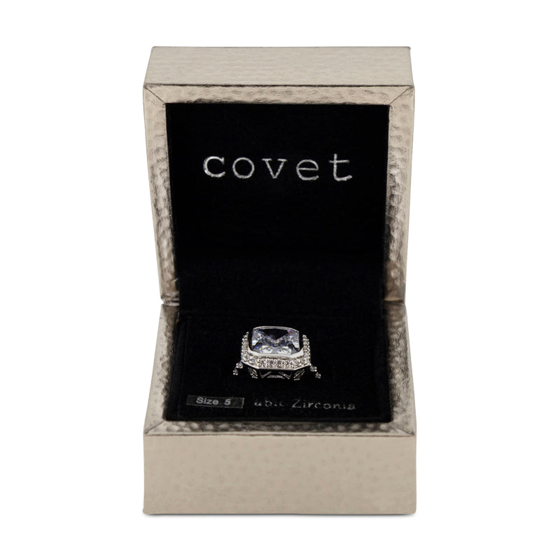 Covet Rhodium Plated Cubic Zirconia Large Square Cut Silver Ring - Size M
