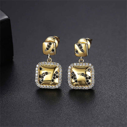 Black Cubic Zirconia & Goldtone Halo Square Drop Earrings