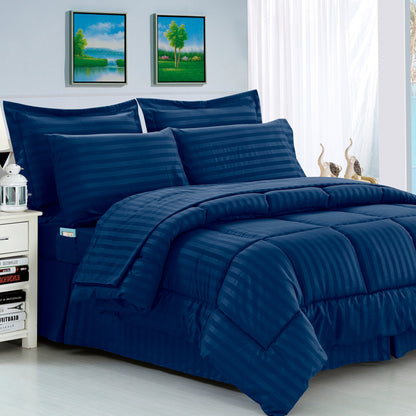 Elegant Comfort 8-Piece Dobby Stripe Comforter Set - Includes 4-Piece Sheet Set with Double Sided Storage Pockets