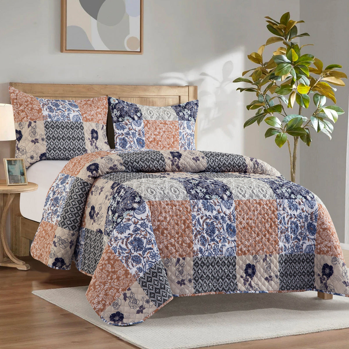 Elegant Comfort 3-Piece Patch Plaid Quilted Reversible Bedspread Coverlet Set