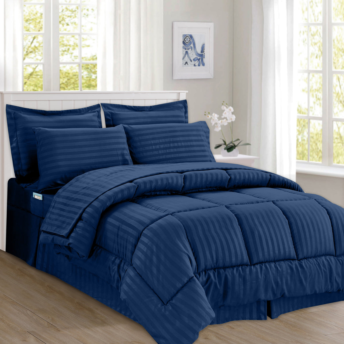 Elegant Comfort 8-Piece Dobby Stripe Comforter Set - Includes 4-Piece Sheet Set with Double Sided Storage Pockets