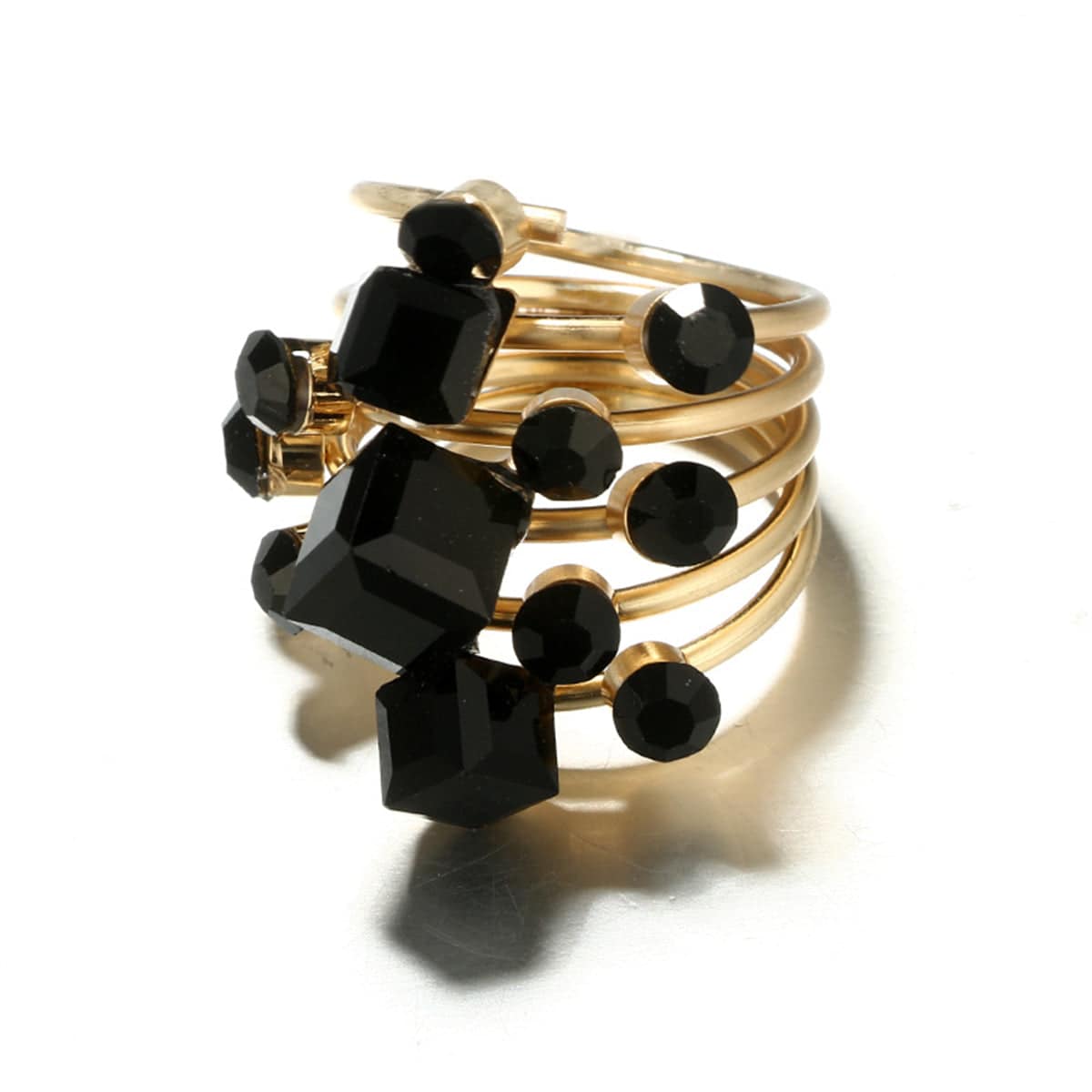 Black Crystal & Goldtone Geometric Layered Ring