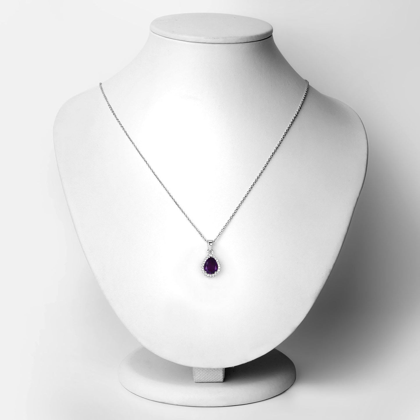 Genuine Amethyst and Lab Diamond Silver Teardrop Halo Necklace