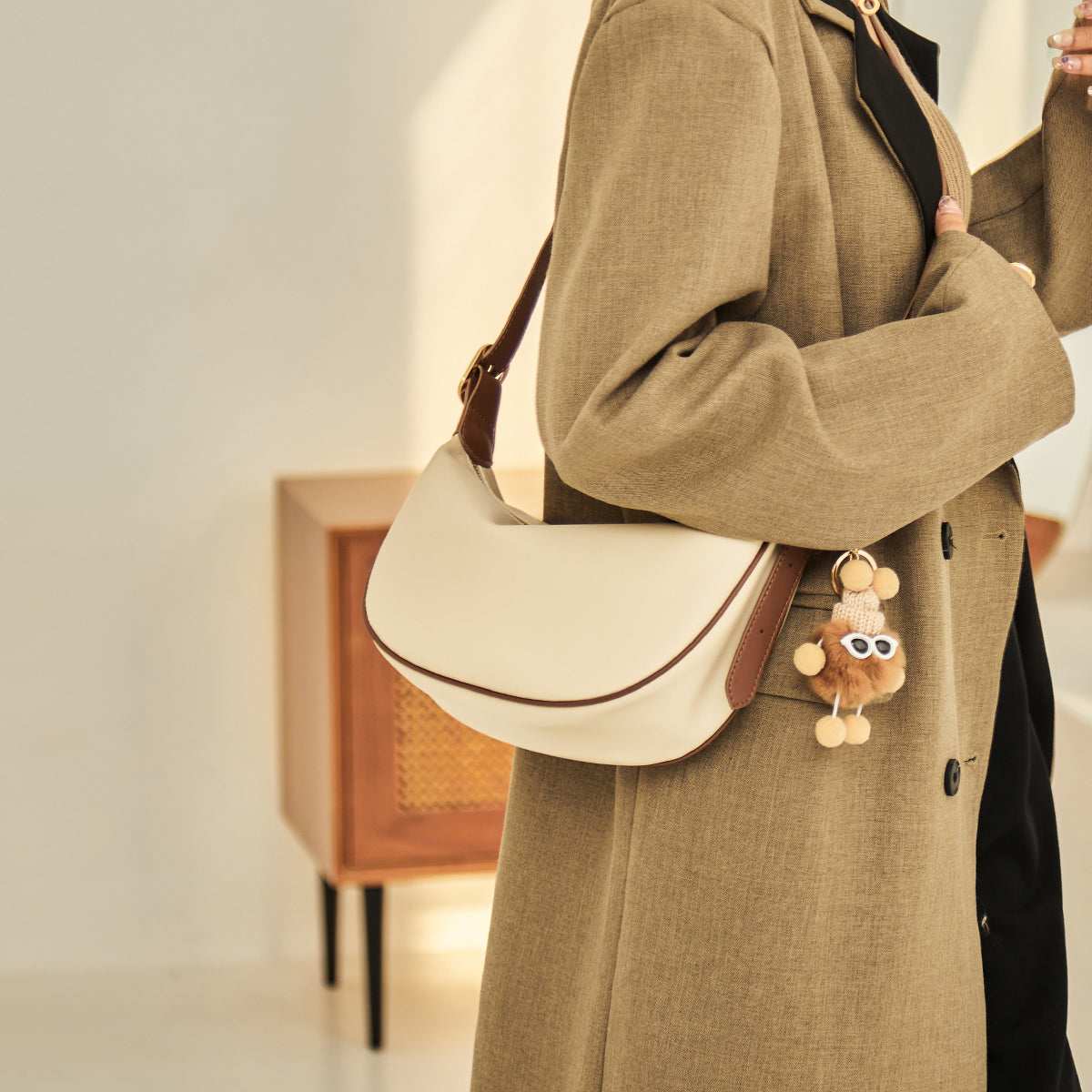 Crescent Leather Crossbody Shoulder Bag with Bear Charm