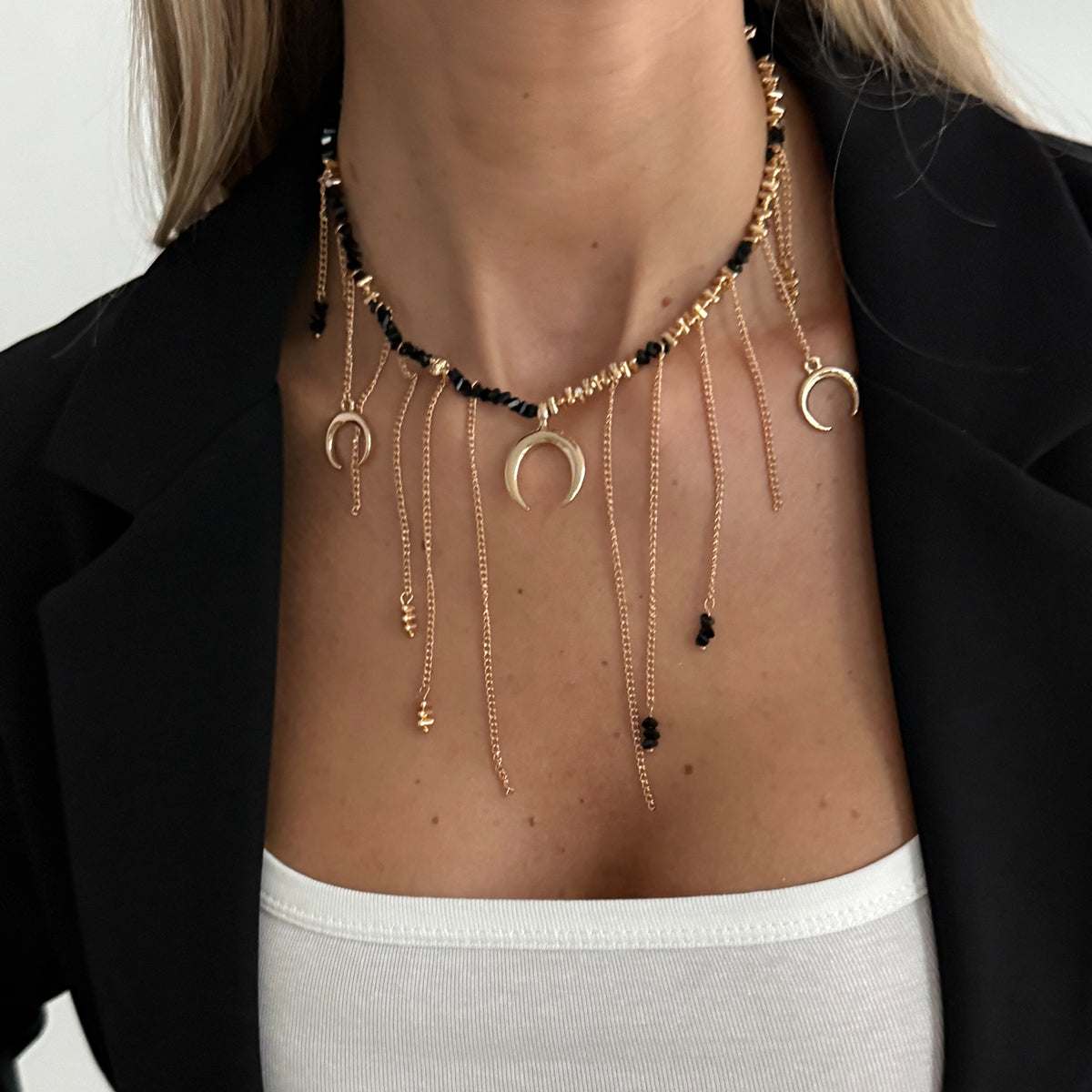 Black Acrylic & Goldtone Moon Pendant Tassel Necklace