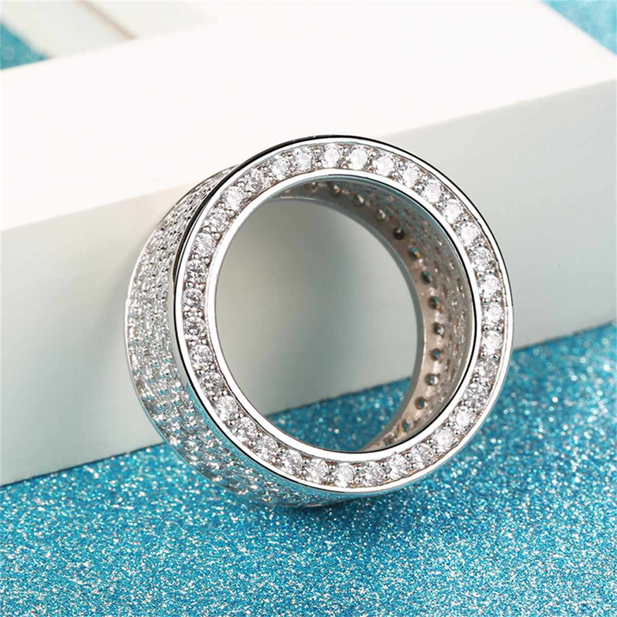 Cubic Zirconia & Silvertone Wide Band Ring