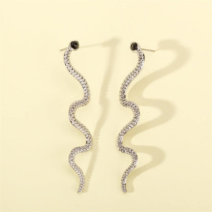 Cubic Zirconia & Silvertone Snake Dangle Earrings