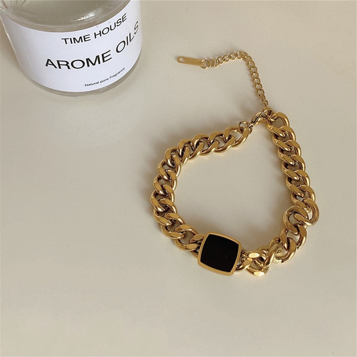 Black Enamel & Goldtone Curb Chain Square Charm Bracelet