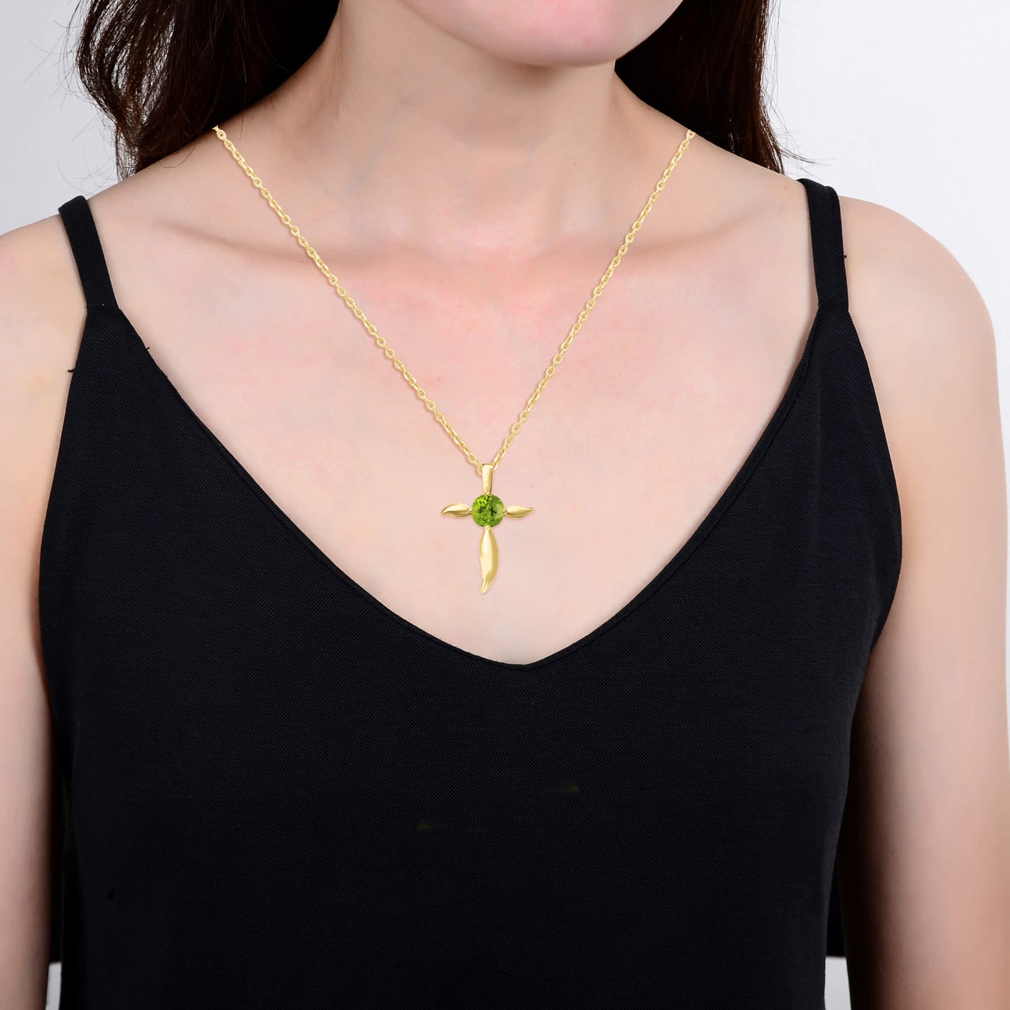 Gold Over Sterling Silver Round Shape Natural Peridot Cross Pendant with 18" Cable Chain