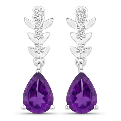 Genuine Amethyst and Lab Diamond Silver Dangle Earrings