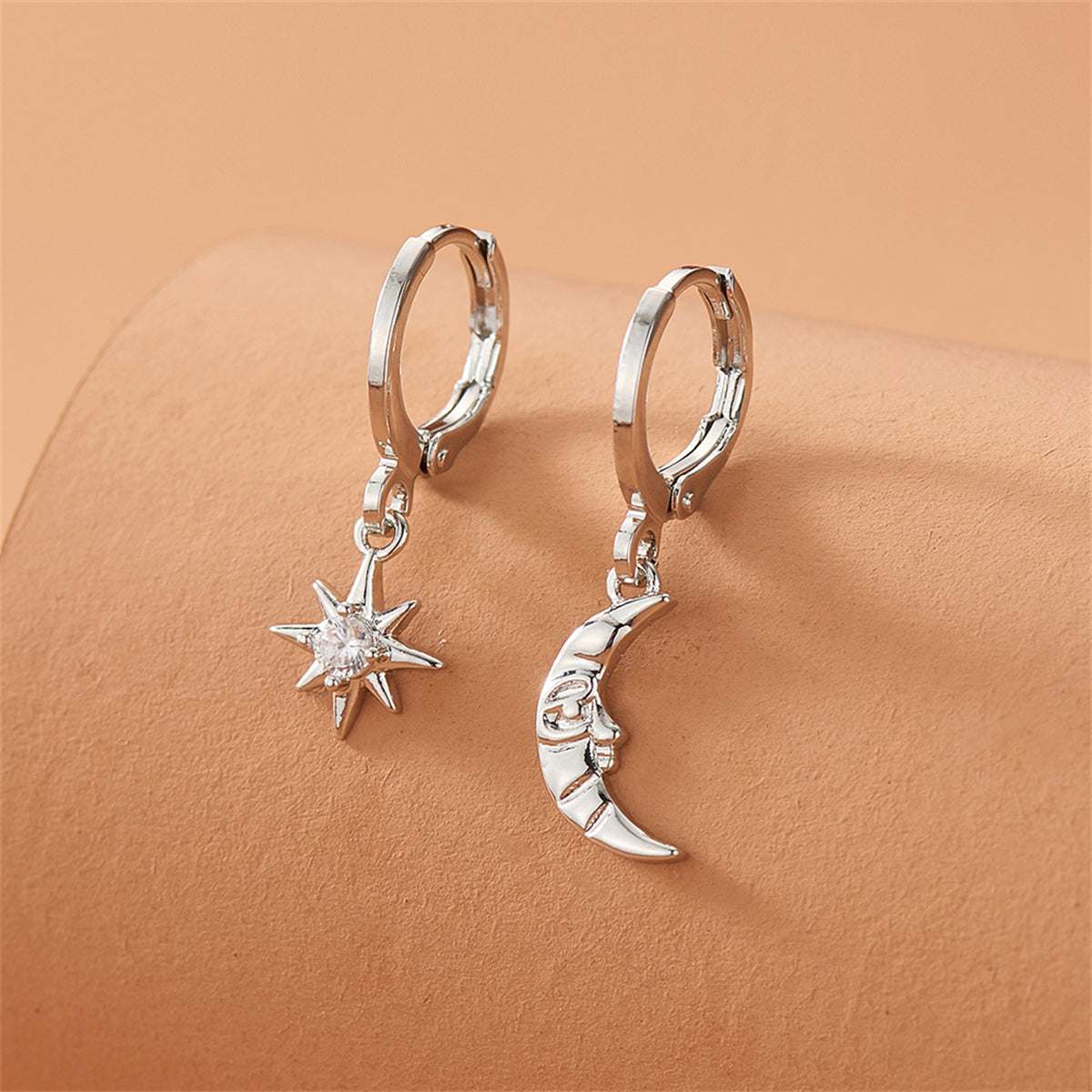 Cubic Zirconia & Silvertone Sun & Moon Asymmetrical Huggie Earrings