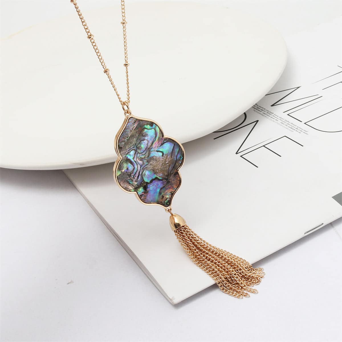 Abalone Shell & Goldtone Flower Tassel Pendant Necklace
