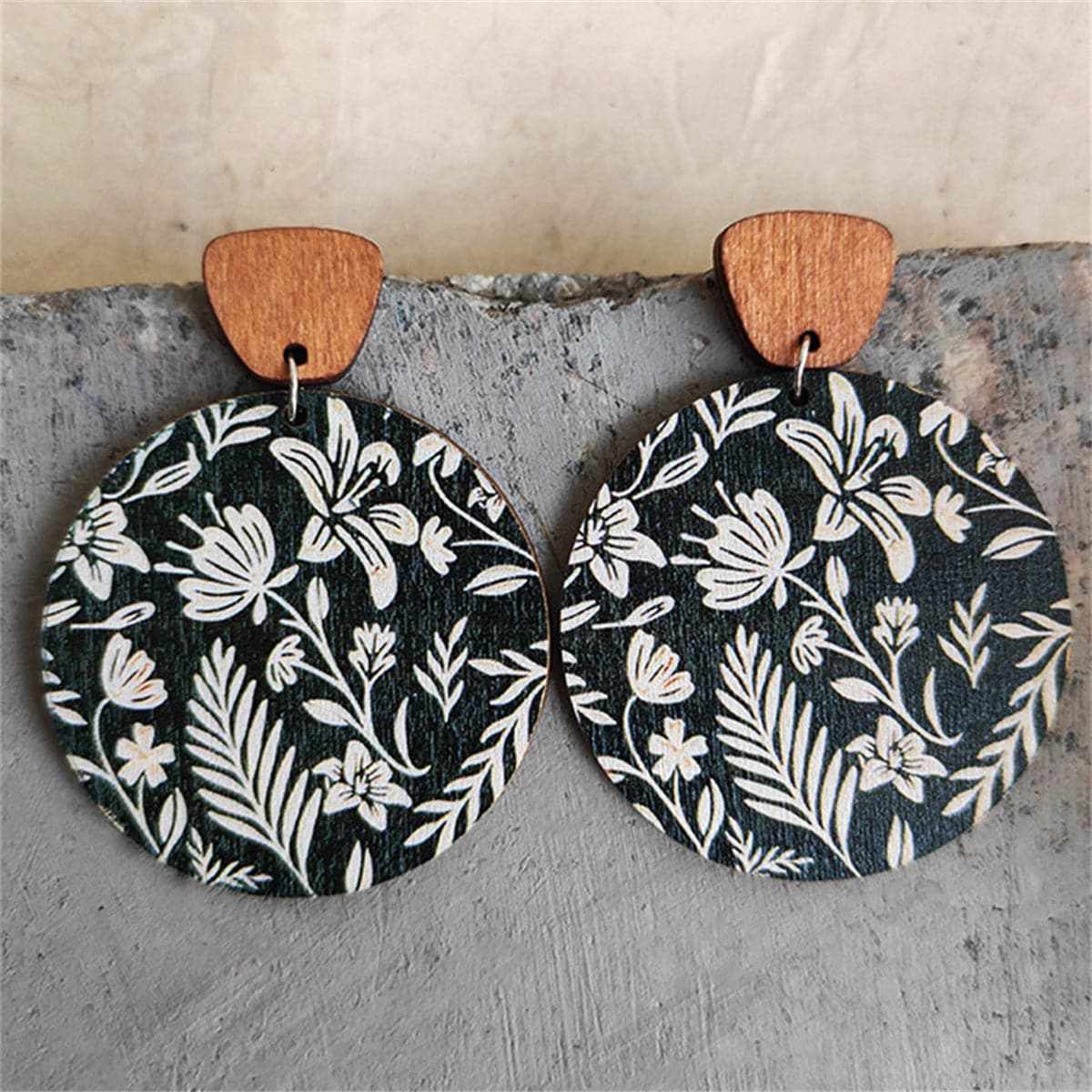 Black & White Wood Floral Painted Round Drop Earrings
