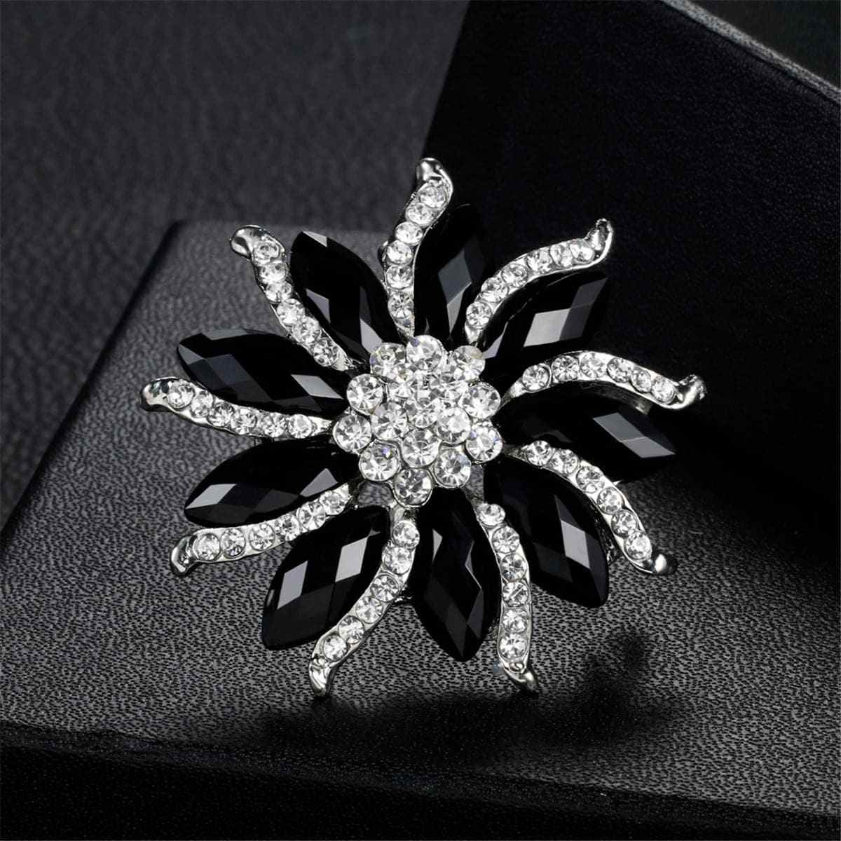Black & Cubic Zirconia Floral Brooch