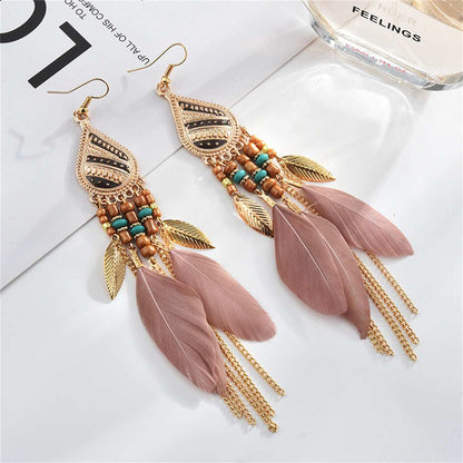 Coffee Feather & Goldtone Feather Drop Earrings