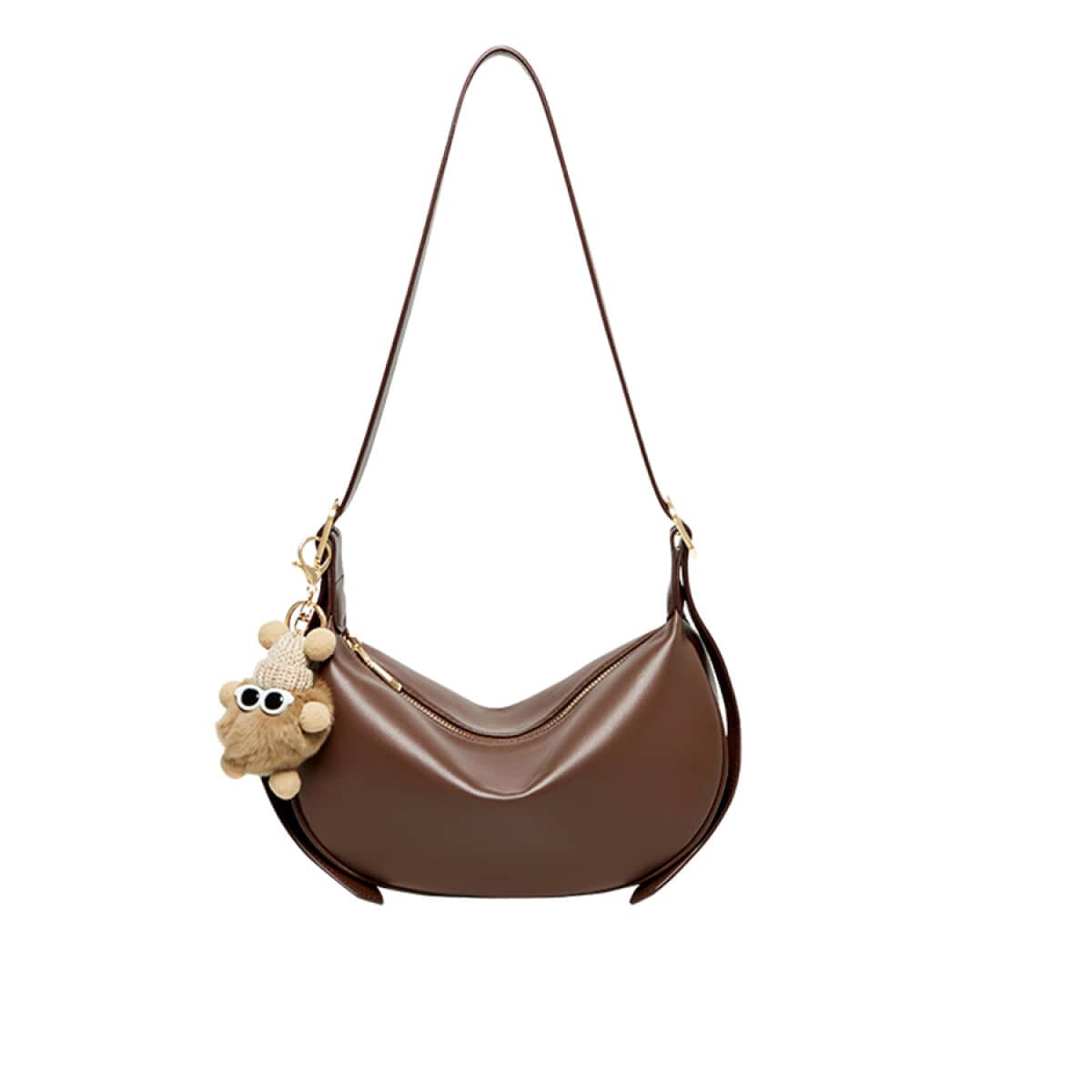 Crescent Leather Crossbody Shoulder Bag with Bear Charm