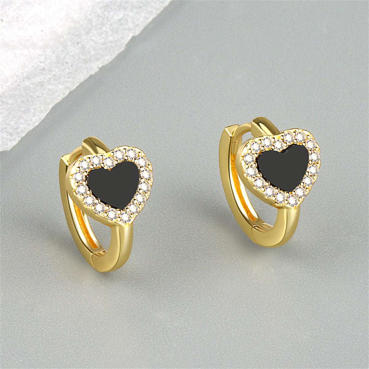 Black Acrylic & Cubic Zirconia Goldtone Heart Halo Huggie Earrings