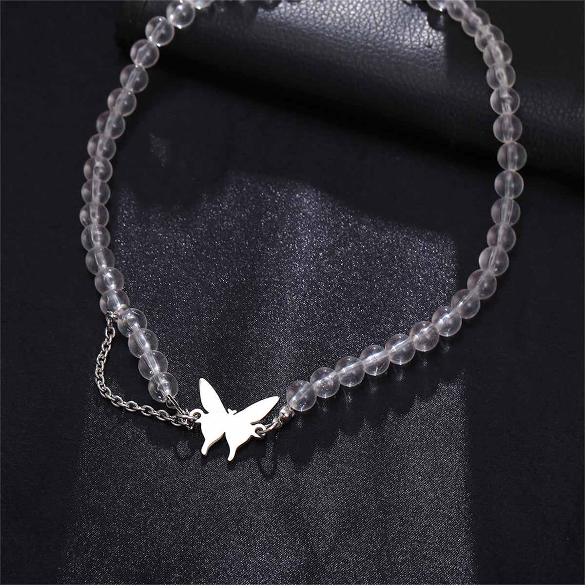 Acrylic & Silvertone Chain-Accent Butterfly Beaded Choker Necklace