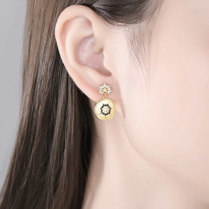 Black Cubic Zirconia & Goldtone Flower Round Drop Earrings
